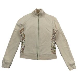 Twisted Heart Sequined Full Zip Fleece Jacket Women's Small Beige Y2K